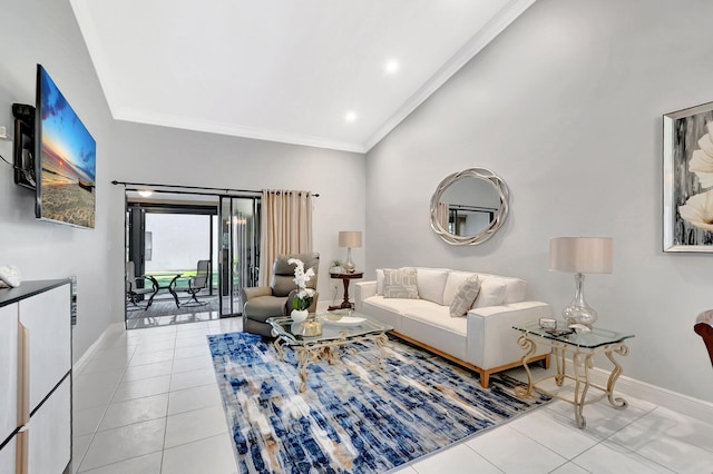 living room with tile patterned flooring, high vaulted ceiling, baseboards, and ornamental molding