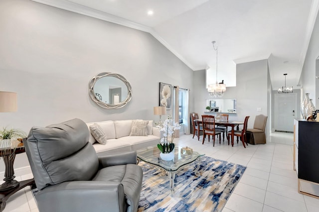 living area featuring light tile patterned floors, high vaulted ceiling, an inviting chandelier, and crown molding