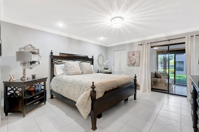 bedroom featuring access to outside, recessed lighting, a closet, crown molding, and light tile patterned floors