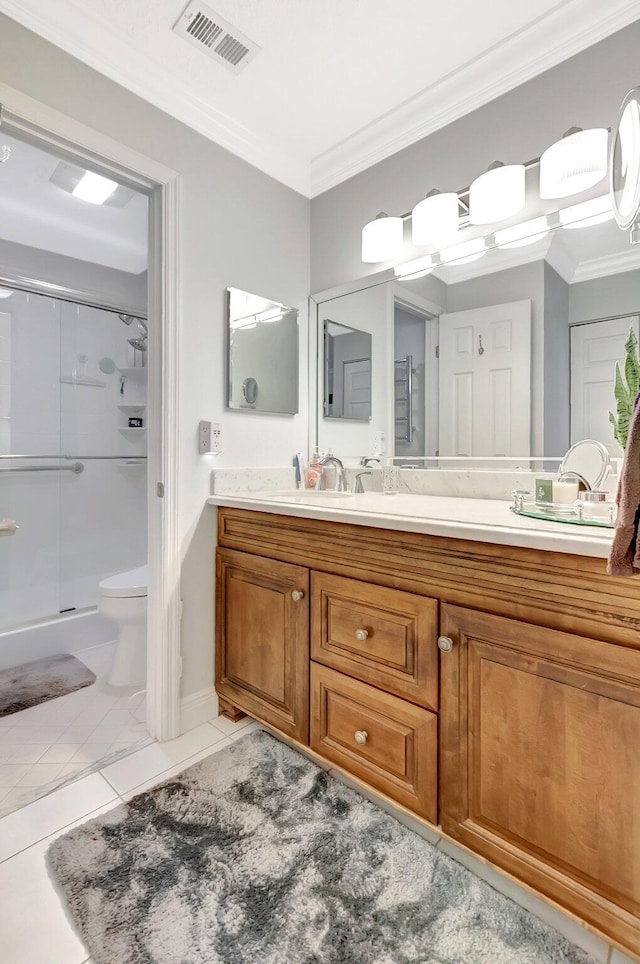 full bath with visible vents, toilet, a stall shower, crown molding, and vanity