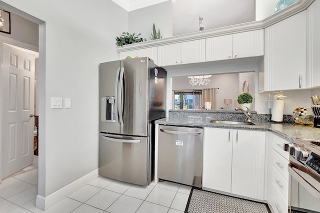 kitchen featuring a sink, white cabinets, stone countertops, and stainless steel appliances