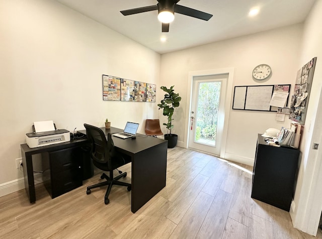 office featuring ceiling fan, baseboards, wood finished floors, and recessed lighting