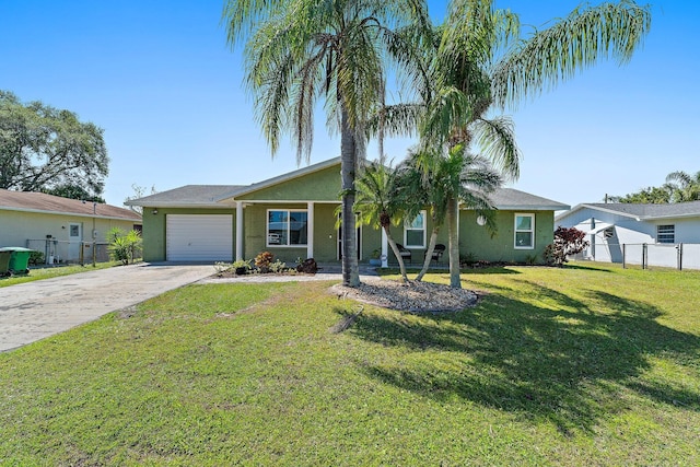 single story home with fence, a front yard, stucco siding, a garage, and driveway