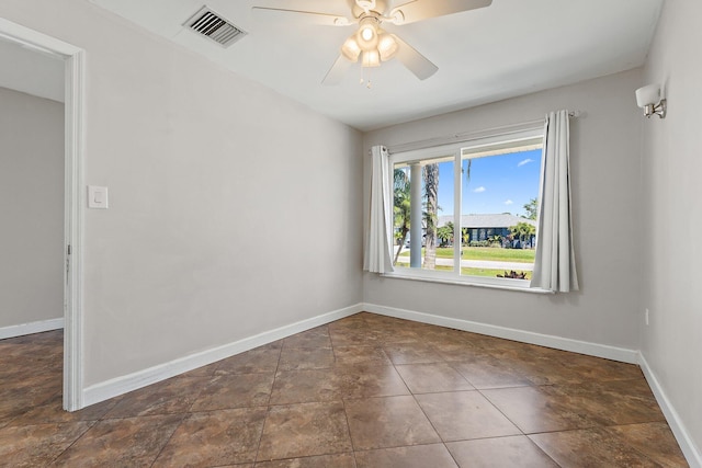 unfurnished room with visible vents, a ceiling fan, and baseboards