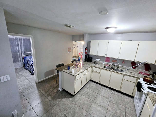 kitchen featuring visible vents, a peninsula, electric stove, white cabinetry, and a sink