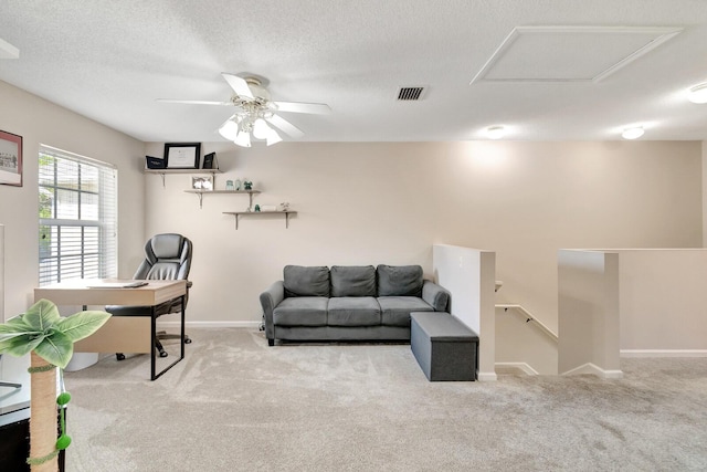 living area with carpet, baseboards, visible vents, attic access, and a textured ceiling