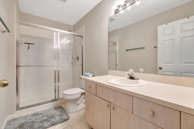 bathroom featuring tile patterned flooring, a shower stall, toilet, and vanity