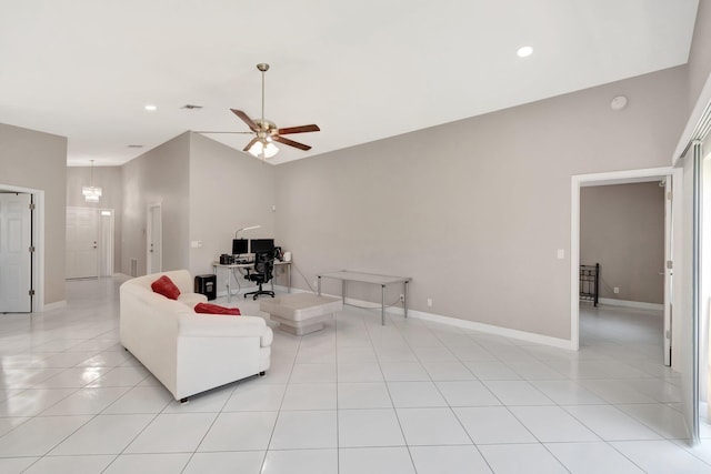 living room featuring visible vents, baseboards, recessed lighting, light tile patterned flooring, and a ceiling fan