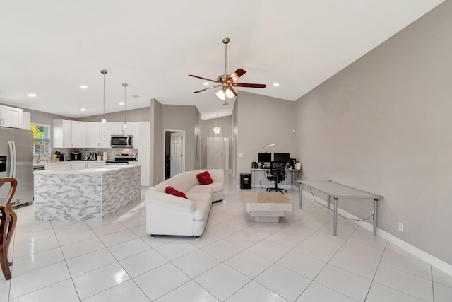 living room with light tile patterned floors, baseboards, a ceiling fan, and lofted ceiling