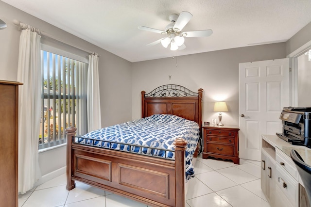 bedroom featuring light tile patterned floors and ceiling fan