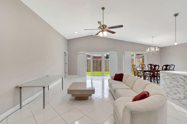 living area with light tile patterned floors, baseboards, vaulted ceiling, and ceiling fan with notable chandelier