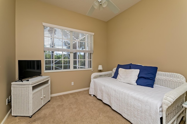 bedroom with baseboards, carpet flooring, and ceiling fan