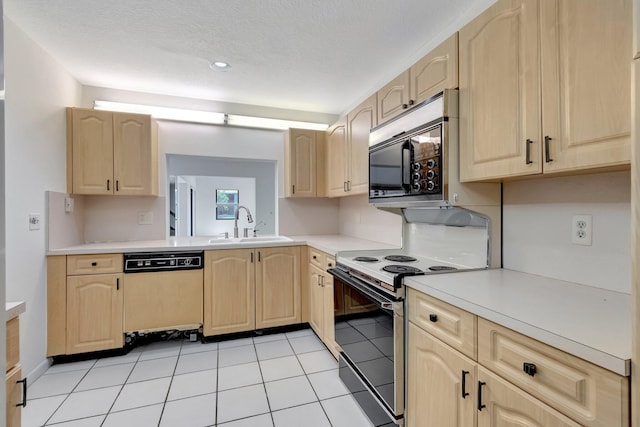 kitchen with black microwave, light brown cabinetry, dishwashing machine, electric stove, and a sink