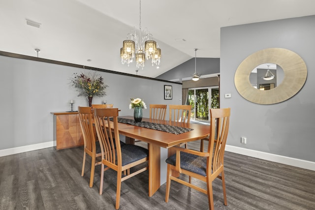 dining space with vaulted ceiling, wood finished floors, baseboards, and a chandelier