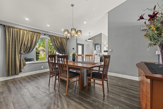 dining room featuring dark wood finished floors, a notable chandelier, recessed lighting, and baseboards