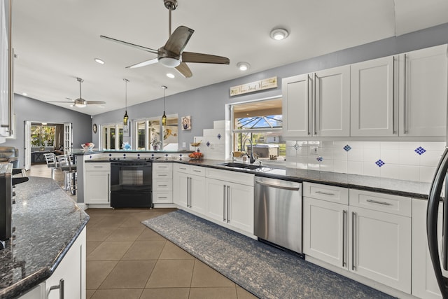 kitchen featuring a sink, tile patterned flooring, black range with electric stovetop, stainless steel dishwasher, and a wealth of natural light