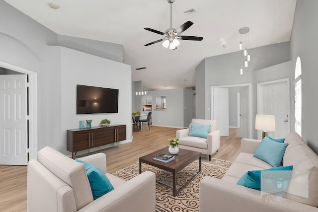 15443 Floral Club Rd, Delray Beach, FL 33484 - living room featuring high vaulted ceiling, visible vents, light wood-style floors, and a ceiling fan