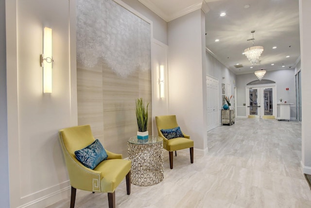 15443 Floral Club Rd, Delray Beach, FL 33484 - living area with recessed lighting, baseboards, a notable chandelier, and ornamental molding