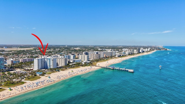 aerial view with a view of city, a view of the beach, and a water view