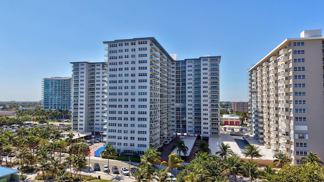 view of building exterior with a city view