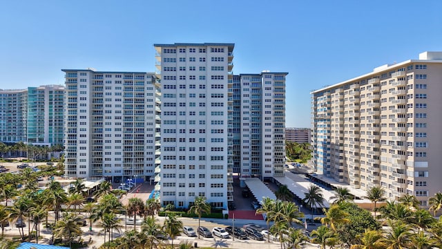 view of building exterior with a city view