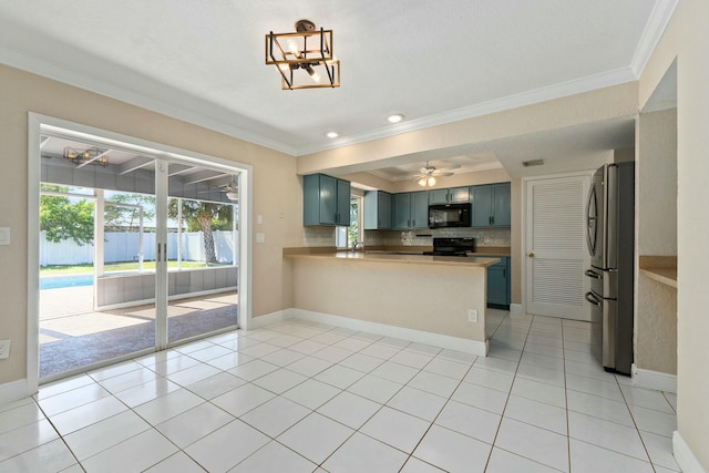 kitchen featuring light tile patterned floors, a peninsula, decorative backsplash, black appliances, and crown molding