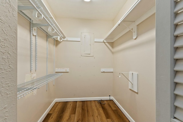 walk in closet with electric panel and wood finished floors