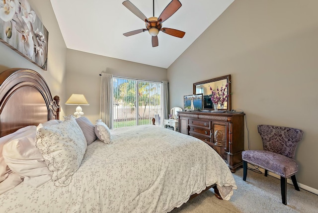 bedroom with access to exterior, baseboards, ceiling fan, carpet flooring, and high vaulted ceiling