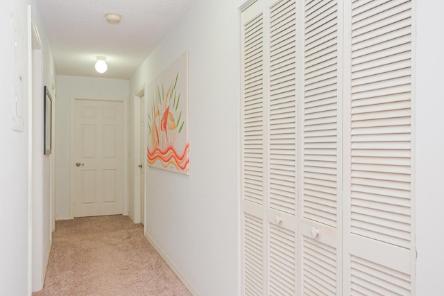 hall featuring carpet, baseboards, and a textured ceiling