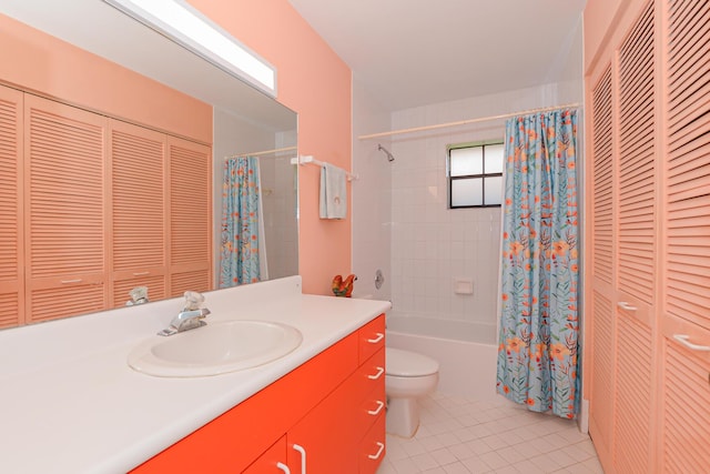 bathroom with tile patterned flooring, toilet, a closet, shower / bath combination with curtain, and vanity