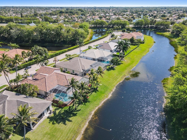 aerial view with a water view and a residential view