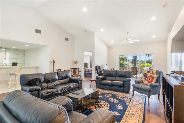 living room with recessed lighting, wood finished floors, visible vents, and ceiling fan