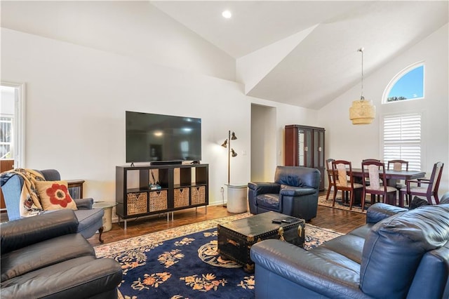 living room featuring high vaulted ceiling and wood finished floors