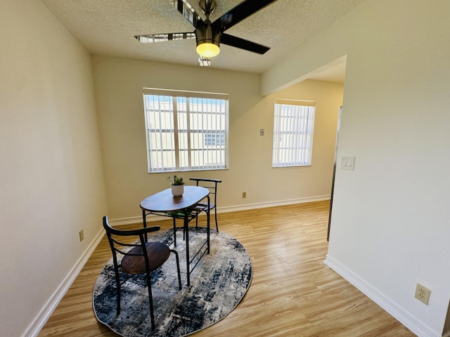 230 Normandy Ln E, Delray Beach, FL 33484 - dining room with light wood finished floors, a ceiling fan, a textured ceiling, and baseboards