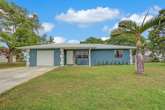 view of front of house with a front yard, fence, stucco siding, concrete driveway, and a garage