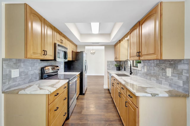 kitchen featuring light stone countertops, dark wood finished floors, appliances with stainless steel finishes, a raised ceiling, and a sink