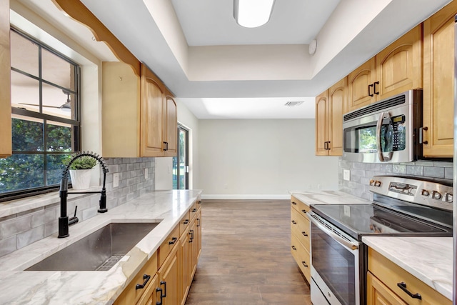 kitchen with baseboards, light stone counters, appliances with stainless steel finishes, wood finished floors, and a sink