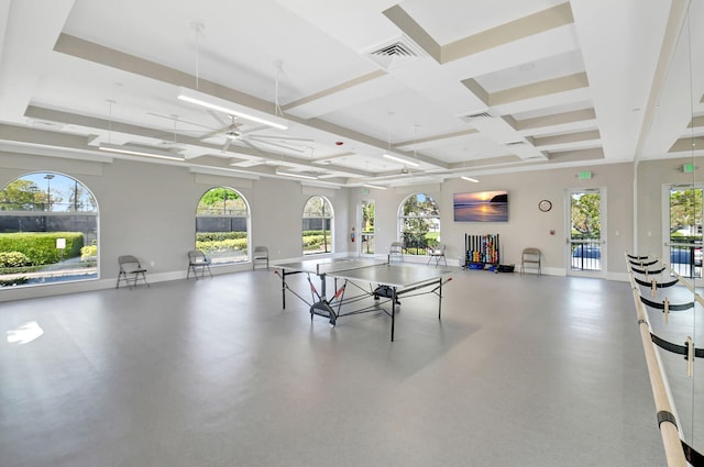 11287 Vivero Ave, Boynton Beach, FL 33437 - game room with coffered ceiling, ceiling fan, baseboards, and visible vents