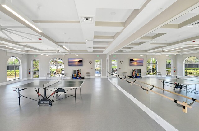 11287 Vivero Ave, Boynton Beach, FL 33437 - recreation room featuring coffered ceiling, baseboards, a ceiling fan, and visible vents