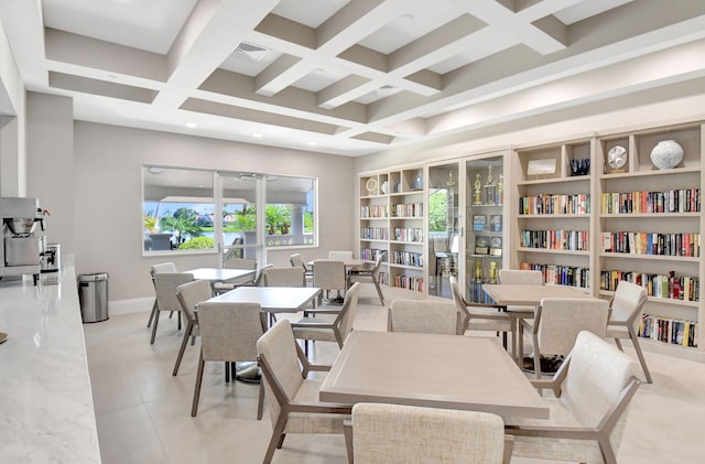 11287 Vivero Ave, Boynton Beach, FL 33437 - dining room featuring visible vents, baseboards, light tile patterned floors, beamed ceiling, and coffered ceiling