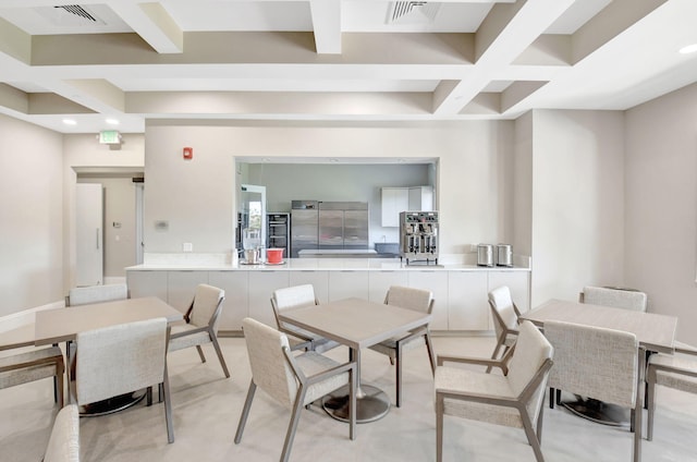 11287 Vivero Ave, Boynton Beach, FL 33437 - dining area featuring visible vents, recessed lighting, coffered ceiling, and beamed ceiling