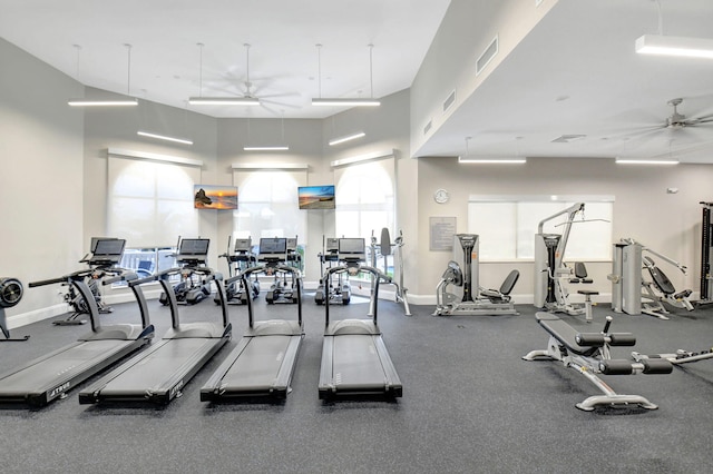 11287 Vivero Ave, Boynton Beach, FL 33437 - exercise room featuring baseboards, a ceiling fan, and visible vents