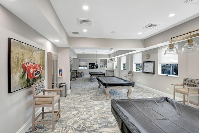 11287 Vivero Ave, Boynton Beach, FL 33437 - rec room with visible vents, baseboards, billiards, and carpet floors