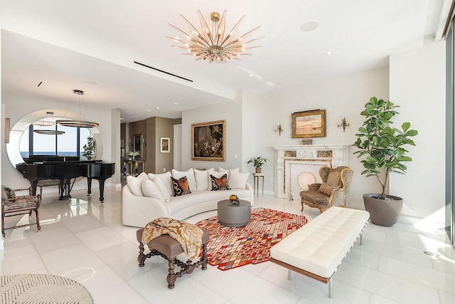 living area with light tile patterned floors, a fireplace, and baseboards