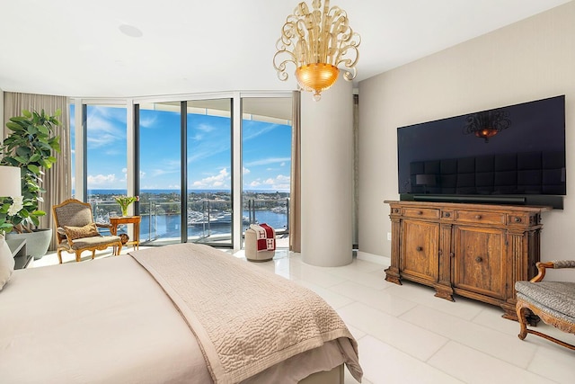 bedroom featuring a wall of windows, baseboards, access to exterior, and light tile patterned floors