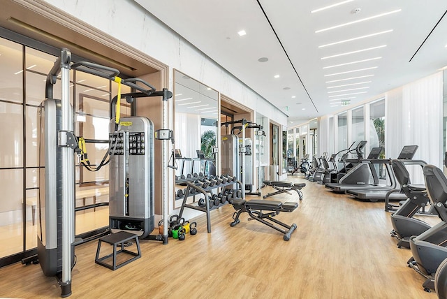 exercise room featuring wood finished floors