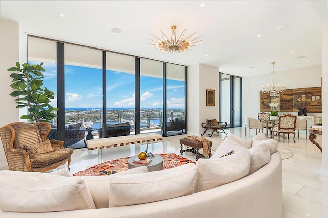 living room featuring a wall of windows, a chandelier, recessed lighting, and light tile patterned floors