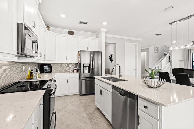 kitchen with visible vents, light tile patterned flooring, white cabinets, black appliances, and a sink