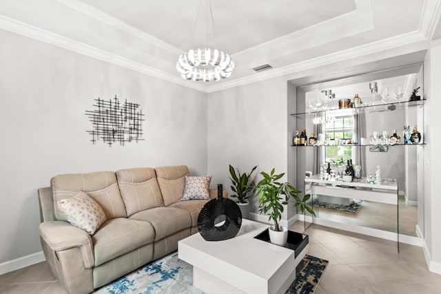 living room featuring light tile patterned floors, visible vents, a raised ceiling, and ornamental molding