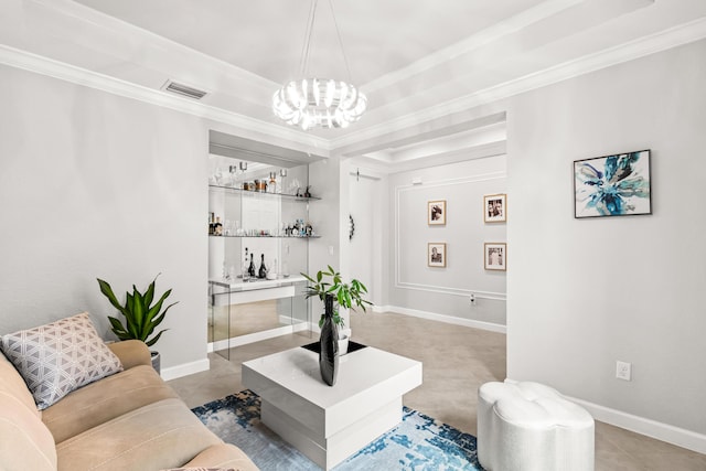 living room with a notable chandelier, baseboards, a bar, and ornamental molding